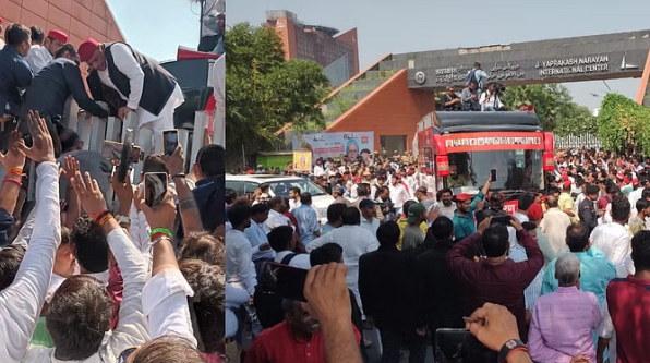जेपीएनआईसी के गेट फांदकर अखिलेश यादव अंदर घुसे समर्थकों के संग