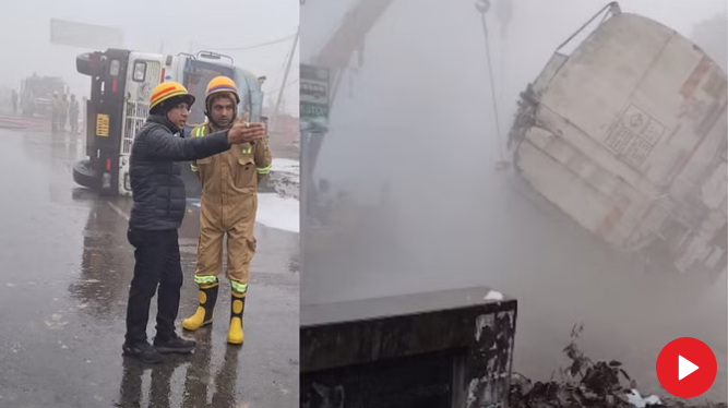 लखनऊ मे बड़ा हादसा होने से टला,हाइवे पर पलट गया एथनाल से भरा टैंकर